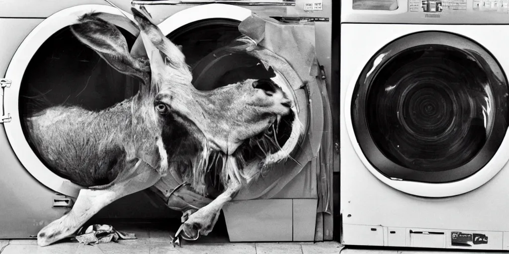 Image similar to a hyper stylised photograph of a man turning into a donkey, he has teeth growing from his eyes and he is spinnig inside a tumble dryer. his body has melted and has dribbled out onto the floor.