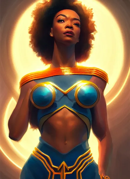 Image similar to portrait of modern darna, sonequa martin - green, intricate, elegant, glowing lights, highly detailed, digital painting, artstation, glamor pose, concept art, smooth, sharp focus, illustration, art by wlop, mars ravelo and greg rutkowski