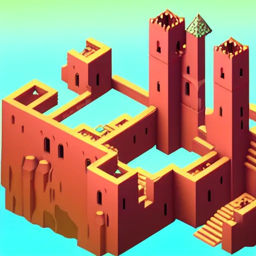 Image similar to isometric 3d video game level, castle in forest, monument valley style