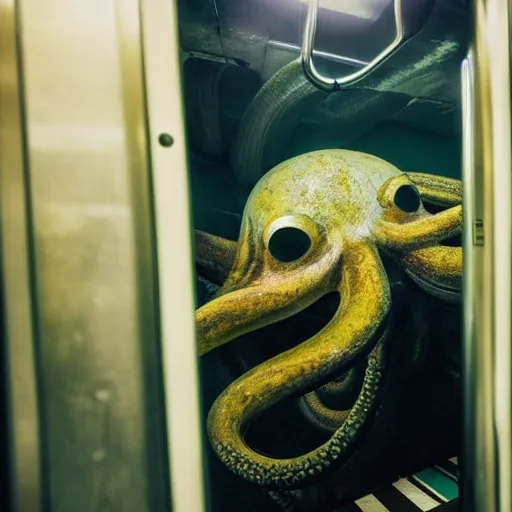 Image similar to a photo of a giant octopus invading a interior of a subway train in new york, cinematic lighting