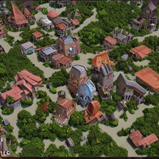 Image similar to vexel map of a fantasy world town : : terrain cartography, fantasy aesthetic, autodesk 3 d rendering, v - ray collection, maverick studio, arnold 3 d render, blender render, indigo renderer, redshift render, enscape render, maxwell render, luxcorerender, renderman, lumion render, marmoset render