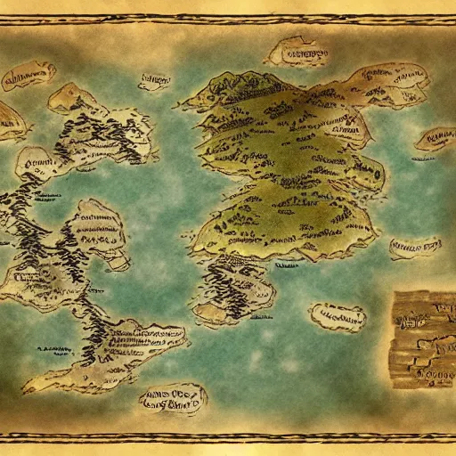 Prompt: fantasy world map, tolkien, george rr martin, old map