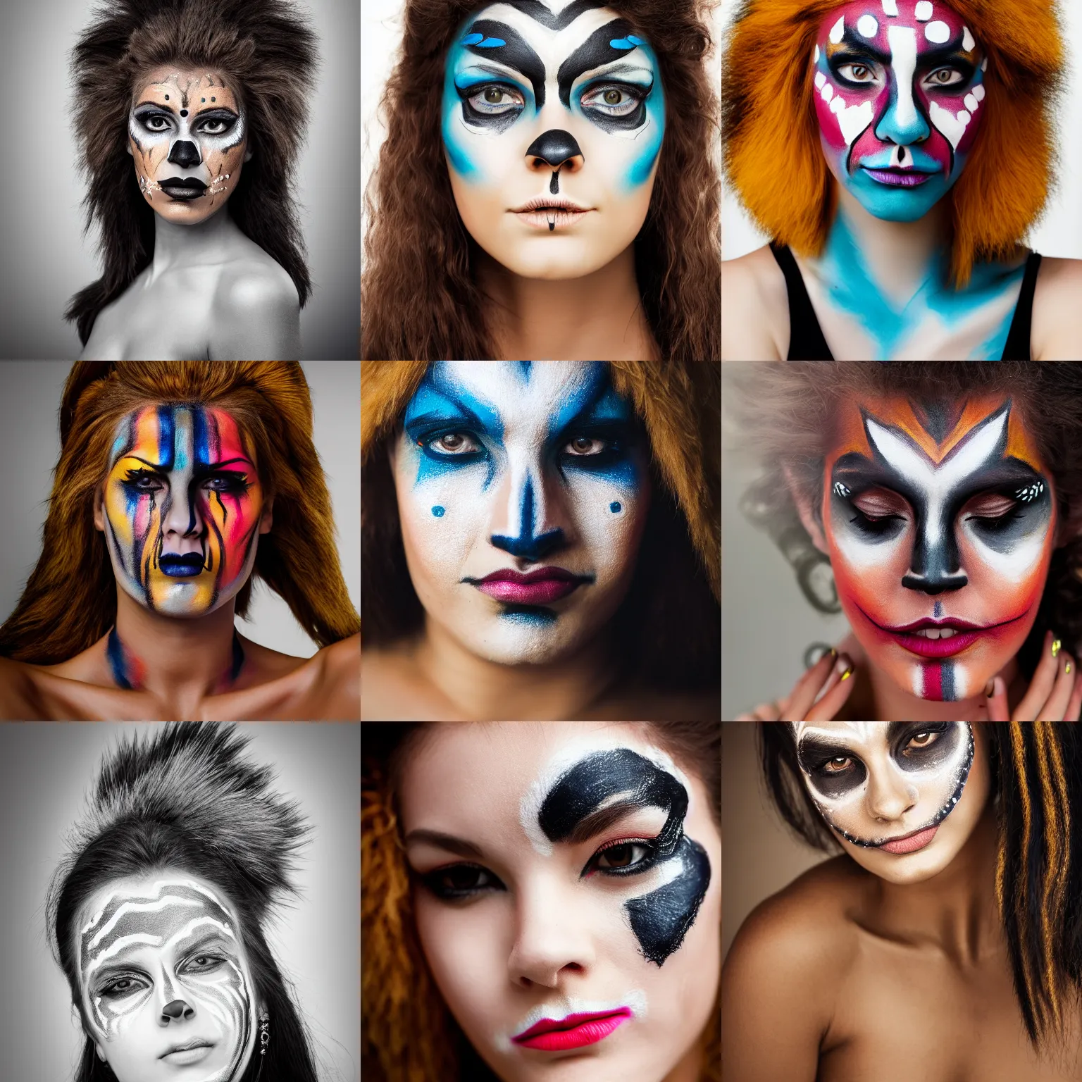 Prompt: woman with face paint like a lion, model, very beautiful, close up, portrait photography, high quality, studio lighting, detailed, sigma 85mm, 8k