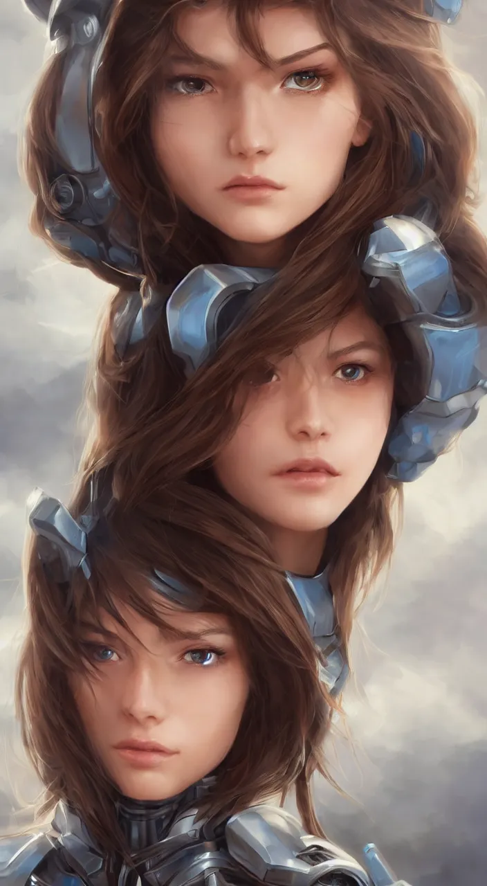 Prompt: detailed portrait of perfect brown haired girl, semi - android, tight armor, beautiful, pretty face, blue cyborg eyes, innocent, scifi, 4 k, sun yunjoo, ultra realistic, aura of light, cinematic lighting, highly detailed, sharp focus, artstation, masterpiece, art by hyungjin yang