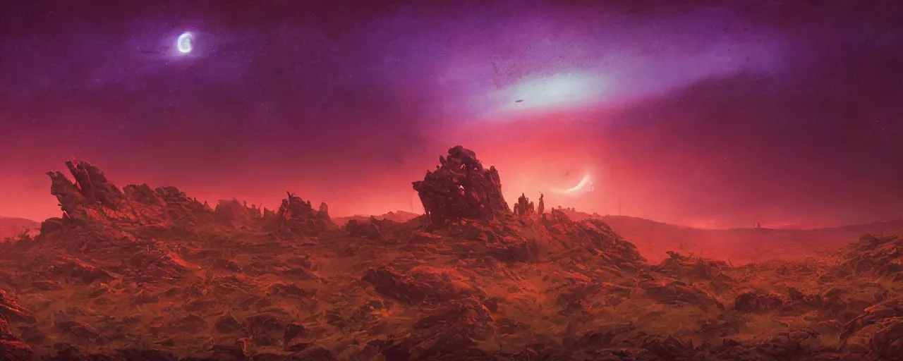 Image similar to ” barren landscape at night, [ cosmic, cinematic, detailed, epic, widescreen, opening, establishing, mattepainting, photorealistic, realistic textures, octane render, art by slop and paul lehr ] ”