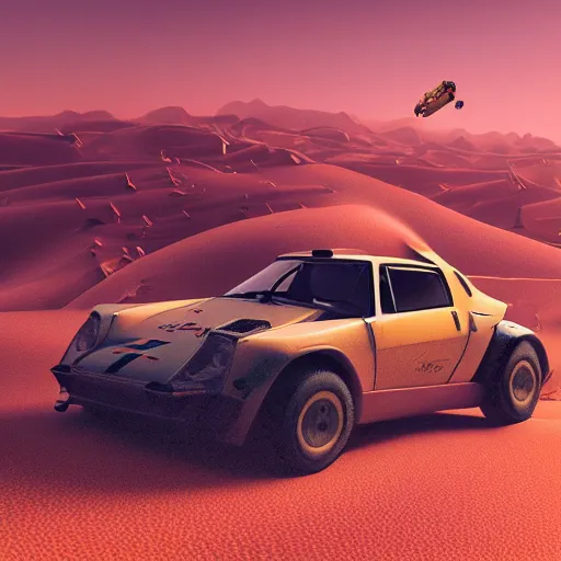 Prompt: Lancia Stratos Rally car Jumping over dunes in a desert, landscape, center composition, cinematic, rendered by simon stålenhag, rendered by Beeple, Makoto Shinkai, syd meade, environment concept, digital art, unreal engine, WLOP, trending on artstation, 4K UHD image, octane render,
