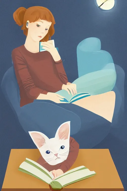 Image similar to a digital painting of a girl reading a book with a cat in A comfortable study room at night,JK uniform ,Hairdryer,blue theme,S line, by anmi and reoenl and krenz