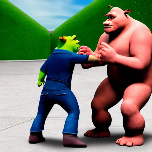 Image similar to keanu reeves fighting muscular shrek, highly detailed, high quality, hd, 4 k, 8 k, canon 3 0 0 mm, professional photographer, 4 0 mp, lifelike, top - rated, award winning, realistic, sharp, no blur, edited, corrected, trending