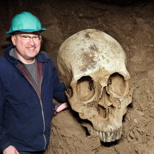 Image similar to Giant skull found at excavation site, a scientist stands next to the skull and is dwarfed by it, press photo