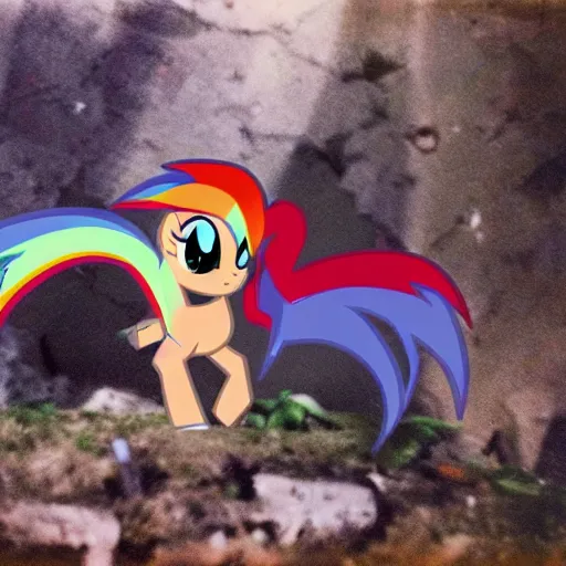 Image similar to authentic world war ii photo of rainbow dash in the trenches