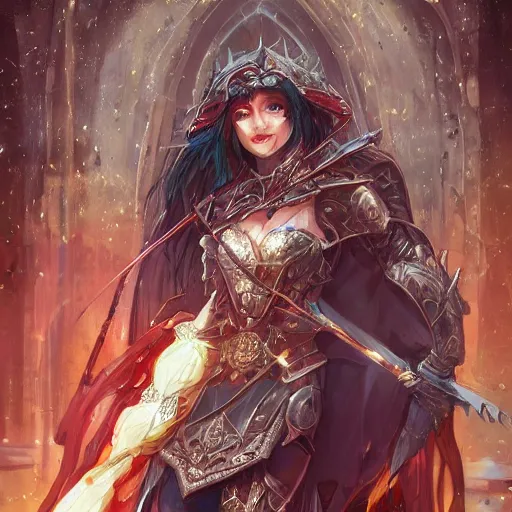 Image similar to a female elven cleric with red long hair, very good beautiful heavy scale armor, wearing a cape, casting a fire spell, dungeon background, magical, bright, colorful, fantastic lighting, amazing details, 4 k uhd, illustration by stephanie brown and mingchen shen and ilya kuvshinov, artstation, pixiv, concept art,