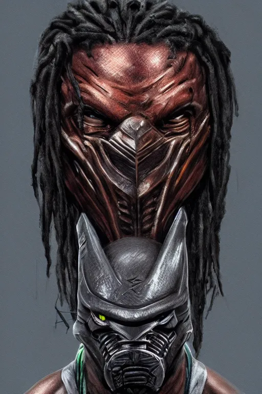 Image similar to predator 1 9 8 7 masked face redesign, portrait, highly detailed, black smooth dreads, mandables, digital painting, trending on artstation, concept art, illustration