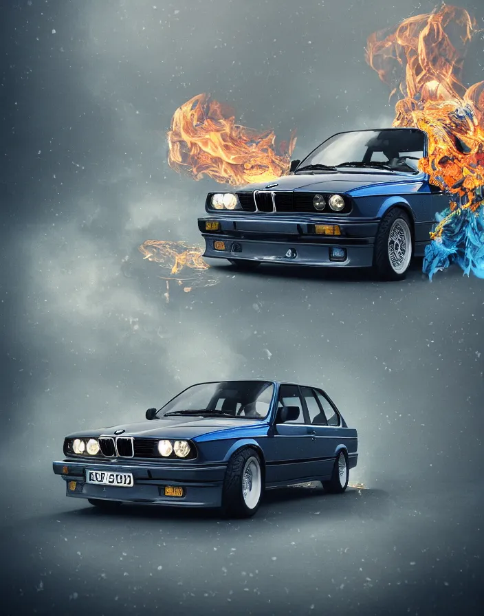 Image similar to bmw e30, birds, skulls, flowers, amd fire. baroque elements. intricate artwork by artstation. halo. octane render, cinematic, hyper realism, octane render, 8k, depth of field, bokeh. iridescent accents. Dark and foggy. Blue and gold colour scheme