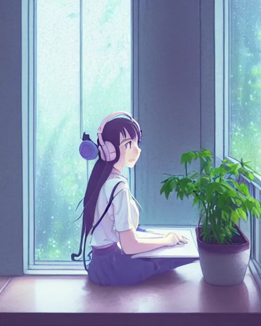 Image similar to a beautiful photo of a girl sitting at her desk next to a window wearing headphones doodling on paper, lots of plants in pots on her desk, pastel colors, rain on the winow, ， by makoto shinkai an krenz cushart