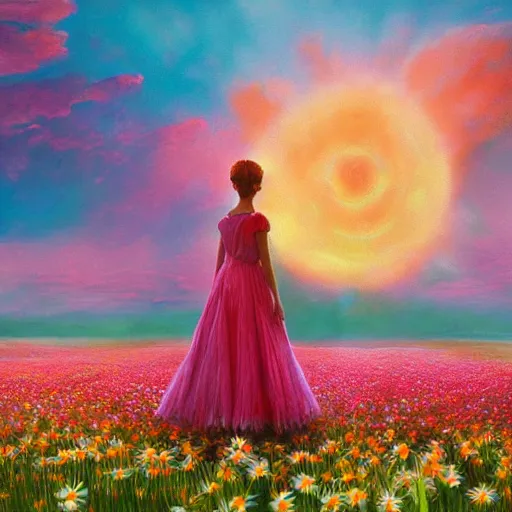 Prompt: giant detailed daisy flower over head, full body girl standing in a flower field, surreal photography, sunrise, dramatic light, impressionist painting, colorful clouds, digital painting, artstation, simon stalenhag