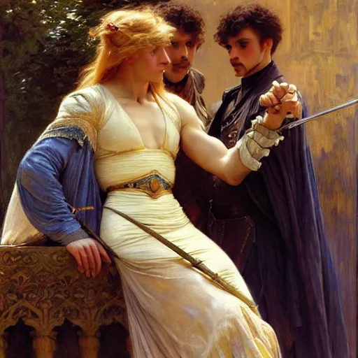 Image similar to manly arthur pendragon and manly merlin. focus on their faces. natural lighting. highly detailed painting by gaston bussiere, j. c. leyendecker, alphonse mucha, greg rutkowski, 8 k