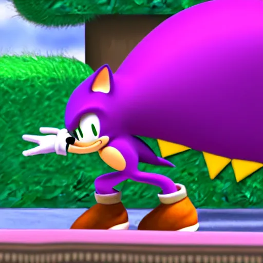 Image similar to Sonic but he’s a purple pangolin racing through green hill zone