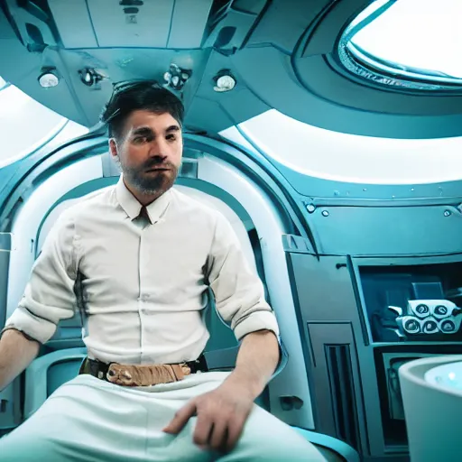 Image similar to a masculine man wearing a skirt sits in a spaceship, photography, movie still, dslr 5 5 mm, 4 k