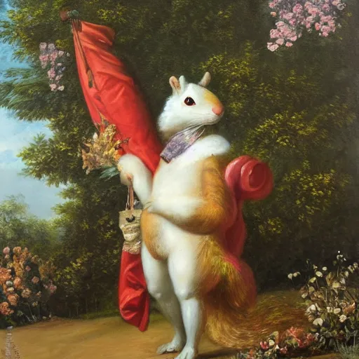 Image similar to a giant fluffy squirrel carrying napoleon bonaparte on its back, beach scene, flowers and foliage, detailed oil painting