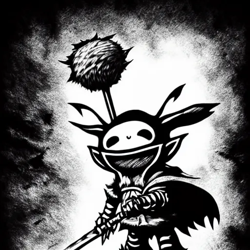 Prompt: Teemo (league of legends, 2009), artwork by kentaro miura, Kentaro Miura style, Berserk Style, High details, cinematic composition, manga, black and white ink style, a lot of details with ink shadows