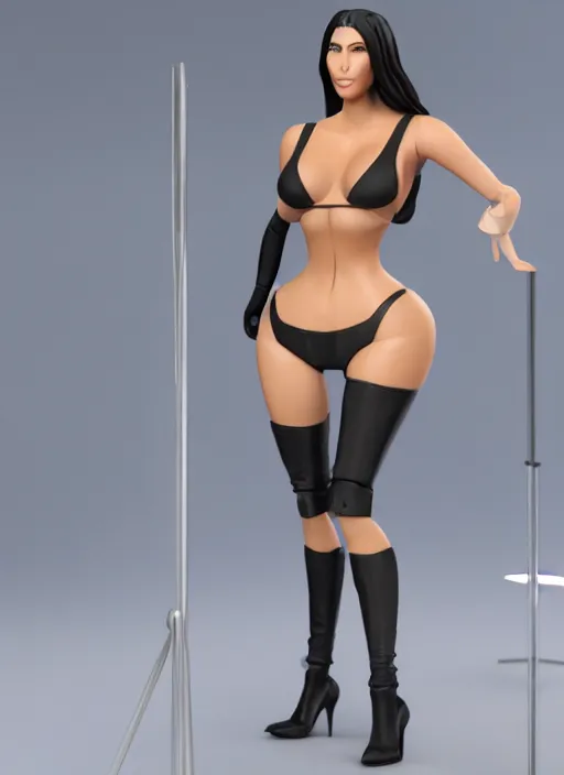 Prompt: Kim kardashian standing on a model stand as an action figure, photorealism, uhd, octane render, buttshape, realistic, wide shot, full shot, photorealistic, multiple angles, 3d, action figure.