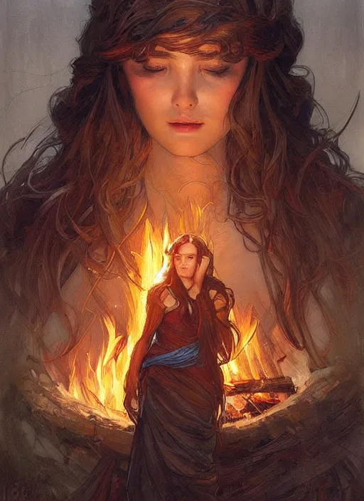 Image similar to portrait of a stunningly beautiful campfire, highly detailed, 3 5 mm photo, artstation, concept art, sharp focus, 2 8 mm macro photo, art by artgerm and greg rutkowski and alphonse mucha, incredibly beautiful and symmetrical, incredibly detailed, award winning art, royal