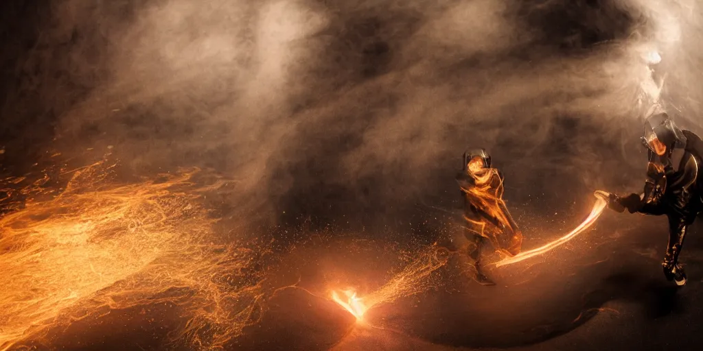 Image similar to music video fisheye slow motion with trail fire and smoke effect of futuristic break dancer wearing long dark cloak and golden helmet emitting fire and crystals, long exposure shot , enigmatic, at night on the moon, paddle of water, steam, fog, water splashes, rim lights, glossy reflections, water droplets on lens, octane render, Volumetric dynamic lighting, stunning cover magazine, high details, hajime sorayama