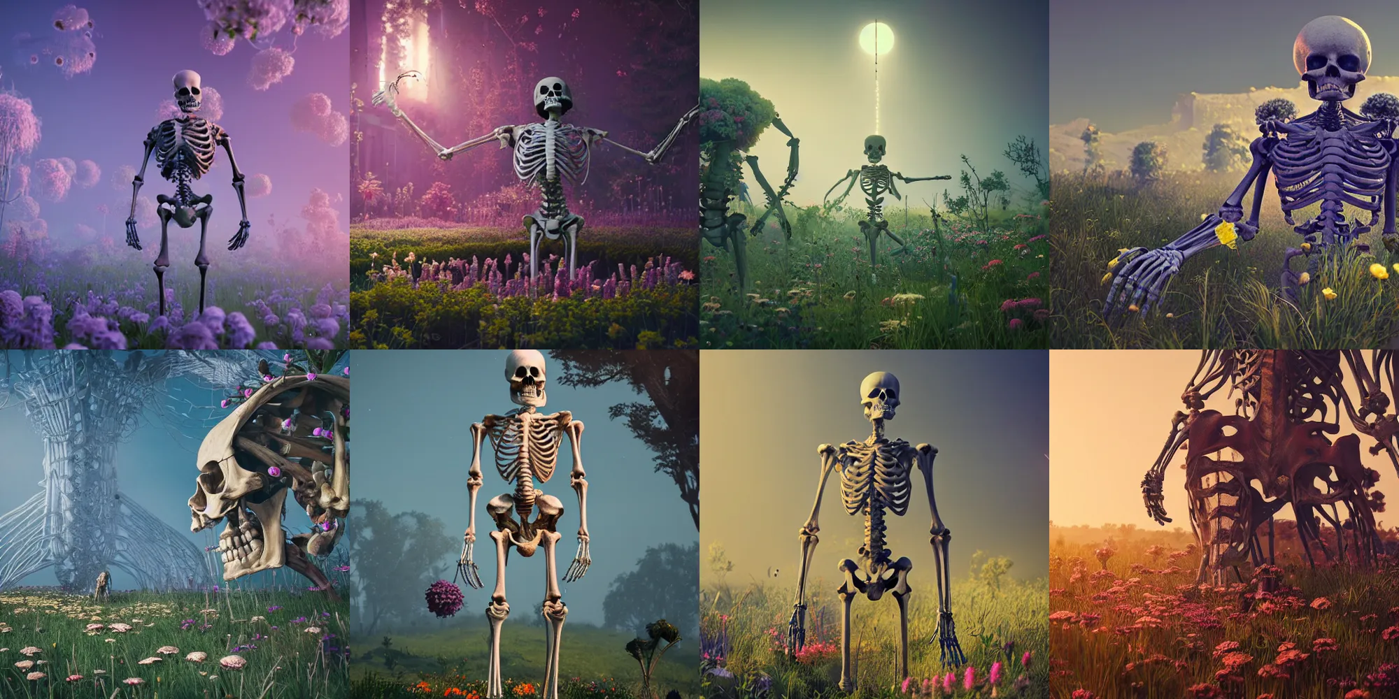 Prompt: giant human skeleton with beautiful flowers growing, in the style of beeple and mike winkelmann, intricate, epic lighting, cinematic composition, hyper realistic, 8 k resolution, unreal engine 5,