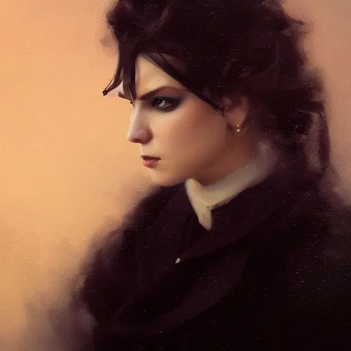 Image similar to furious dark haired women, portrait by karl spitzweg, wearing black coat, black makeup, ice mage, shooting ice, oil painting,, fantasy artwork, fantastic artwork, 4 k, trending on artstation