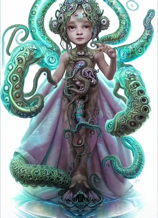 Prompt: A full shot of a cute magical monster Cryptid wearing an ornate dress made of opals and tentacles. Chibi. Subsurface Scattering. Translucent Skin. Caustics. Prismatic light. defined facial features, symmetrical facial features. Opalescent surface. Soft Lighting. beautiful lighting. By Giger and Ruan Jia and Artgerm and WLOP and William-Adolphe Bouguereau and Loish and Lisa Frank. Sailor Moon. Masterpiece. trending on artstation, featured on pixiv, award winning, cinematic composition, dramatic pose, sharp, details, Hyper-detailed, HD, HDR, 4K, 8K.