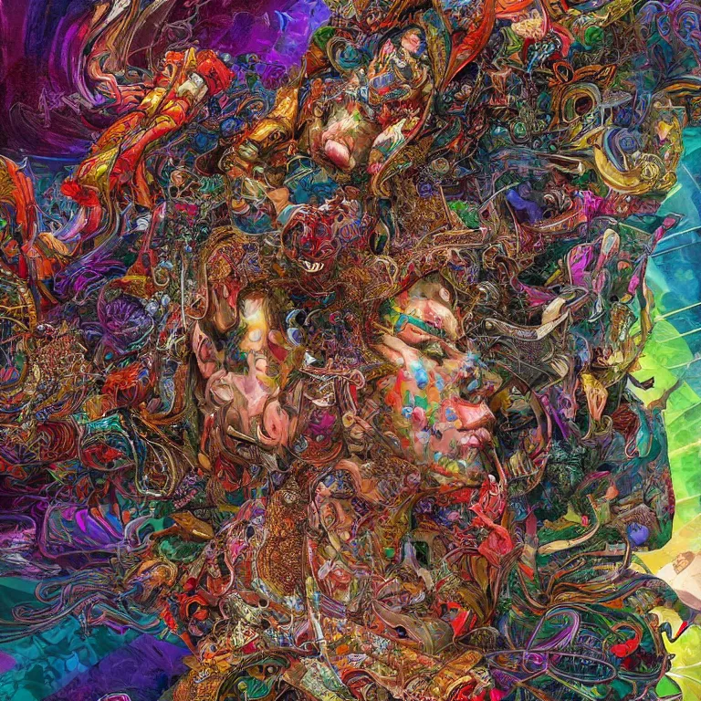 Prompt: hyper-maximalist intricate overdetailed cinematic 70% portrait 30% geometric ornated collage digital illustration by android jones inspired by heidi taillefer. Dramatic lights. Surreal Psychedelic visionary artwork. Zenith view. Seen from below. 3d render