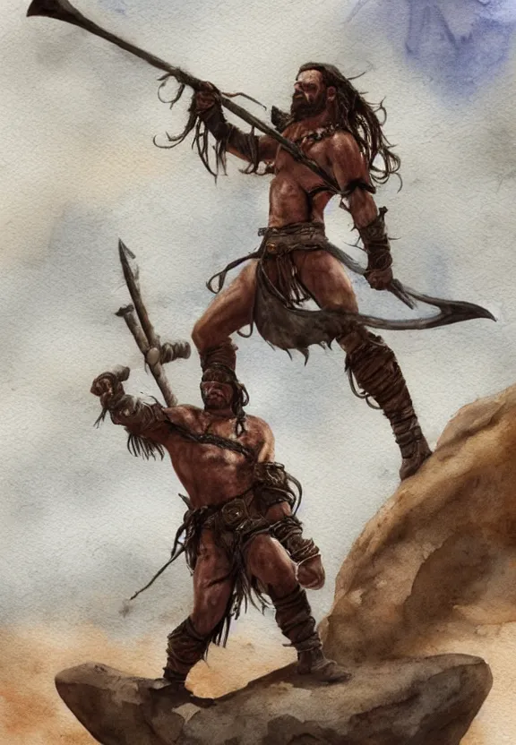 Image similar to randy savage with an anchor weapon slung over his shoulder and foot heroically on a boulder posing alone in desolate wasteland | portrair | fantasy watercolour painting | middle earth | conan | darksun | d & d dungeons and dragons | barbarian