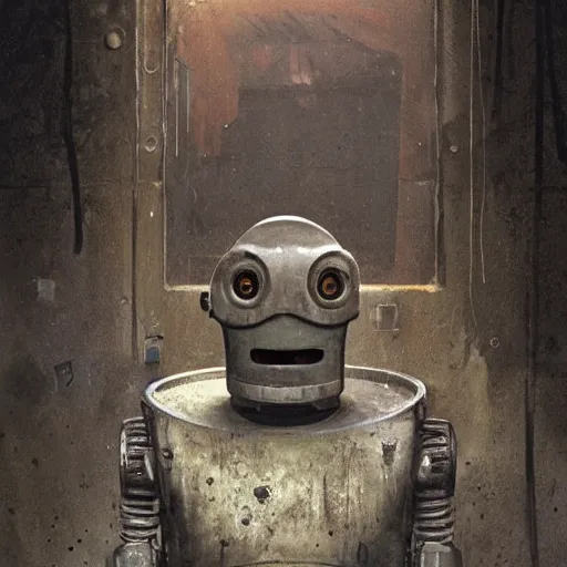 Image similar to photo of an old dirty robot looking at the camera and smiling with a creepy face in a basement by Greg Rutkowski, dark, creepy, horror, disgusting, dust, brown scheme color, uncanny valley