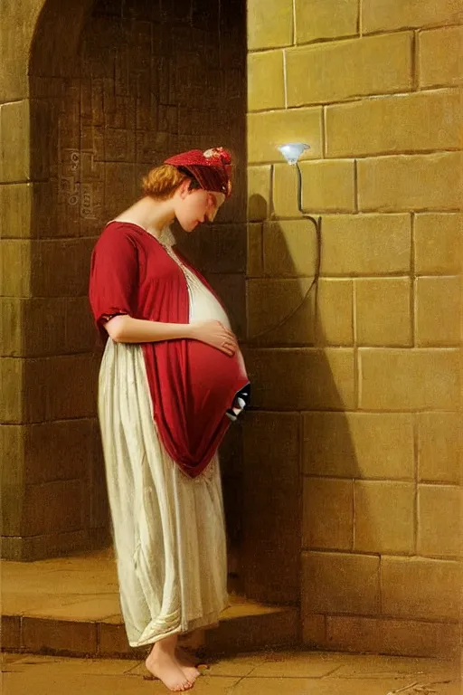 Prompt: pregnant woman under street light, highly detailed, sharp focused, ultra realistic digital concept art by Edmund Blair Leighton