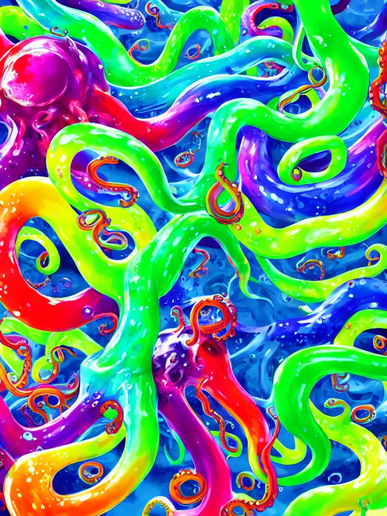 Image similar to colorful liquid octopus tentacles, hyper detailed painting, particles, bubbles, stong outline