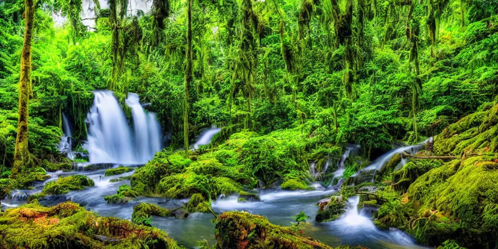 Image similar to beautiful stunning rainforest landscape with lake and waterfall and colorful flowers 4k hdr photography