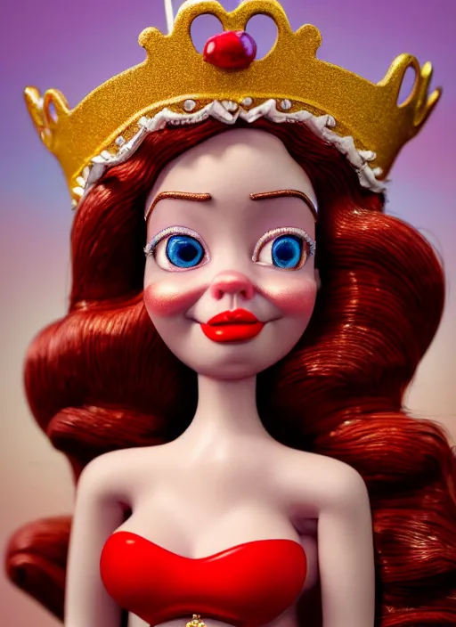 Prompt: highly detailed closeup, face profile portrait of a tin toy jessica rabbit as a fairytale princess wearing a crown eating cakes, bikini, unreal engine, nicoletta ceccoli, mark ryden, earl norem, lostfish, global illumination, detailed and intricate environment