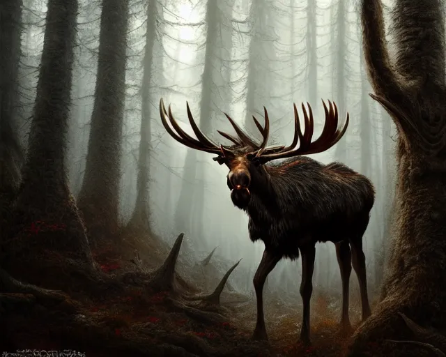 Image similar to 5 5 mm portrait photo of an armored demonic undead rotting moose with red eyes antlers and looking at the camera, in a magical forest. magical atmosphere. art by greg rutkowski and luis royo. highly detailed 8 k. intricate. lifelike. soft light. nikon d 8 5 0.