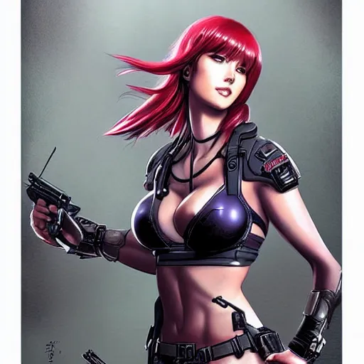 Prompt: concept art illustration of young japanese christina hendricks natalie portman as lara croft motoko kusanagi anime protagonist, wearing combat warrior fantasy bikini, intricate, elegant, art by artgerm and rosstran, masamune shirow