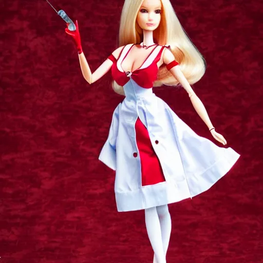 Image similar to anime barbie doll, 5 dolls, in red velvet stockings, a nurse's dress, full length, heels on her feet