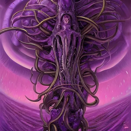 Prompt: explosion of purple eldritch energy. a grenade made of magic is exploding. tentacles of hyperspace horrors are crawling into reality. digital fantasy art, featured on artstation, daily deviation, by h. r. giger and gerald brom