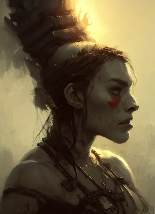 Prompt: female orc girl, beautiful face, rule of thirds, intricate outfit, spotlight, by greg rutkowski, by jeremy mann, digital painting