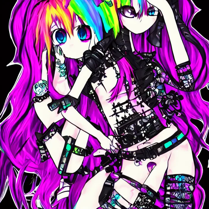 Prompt: maximalist emo anime girl, cybergoth, rainbowcore, vhs monster high, glitchcore witchcore, checkered spiked hair, pixiv