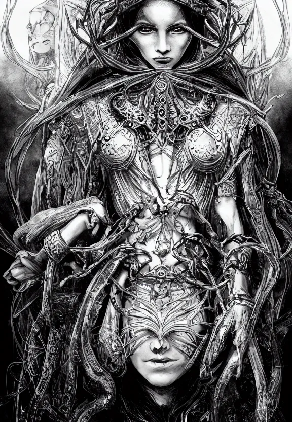 Image similar to mad priestess of forbidden knowledge concept art, symmetrical, rule of three, detailed body, full body, detailed face, ultradetailed digital illustration, 8 k, epic atmosphere, digital art by simon cowell and kentaro miura