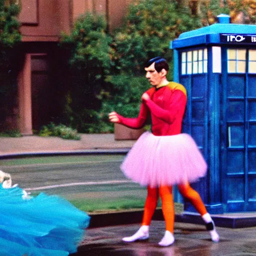 Image similar to color photo of spock in a tutu exiting the tardis