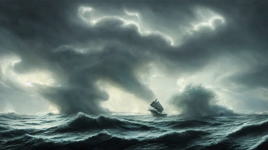 Prompt: small boat versus massive kraken com out of a stormy sea, giant waves, lightning in background, intricate, detailed, volumetric lighting, sharp focus, scenery, photorealism, digital painting, highly detailed, concept art, ruan jia, steve mccurry