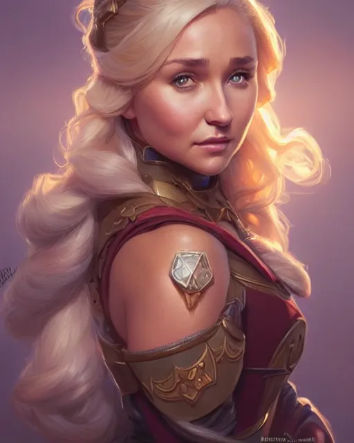 Image similar to Hayden Panettiere, D&D, fantasy, intricate, elegant, highly detailed, digital painting, artstation, concept art, matte, sharp focus, illustration, hearthstone, art by Artgerm and Greg Rutkowski and Alphonse Mucha