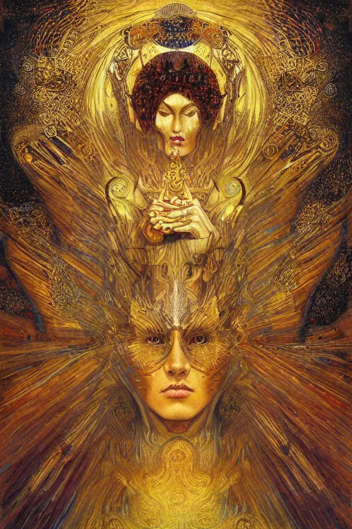 Image similar to Divine Chaos Engine by Karol Bak, Jean Deville, Gustav Klimt, and Vincent Van Gogh, sacred geometry, visionary, mystic, spiritual, fractal structures, ornate gilded medieval icon, third eye, spirals