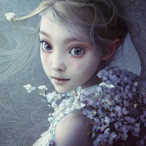 Prompt: the portrait of an absurdly beautiful, graceful, elegant, sophisticated, fashionable little girl made of white petals looking down, an ultrafine hyperdetailed illustration by kim jung gi, irakli nadar, intricate linework, bright colors, octopath traveler, final fantasy, unreal engine 5 highly rendered, global illumination, radiant light, detailed and intricate environment