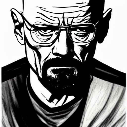 Prompt: Walter white in a fighting scene from berserk, artstation, concept art, sharp focus, illustration in pen an ink, black and white, art by Masashi Tanaka